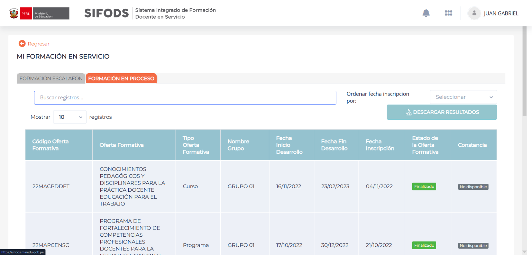 Pestaña Formación en Proceso